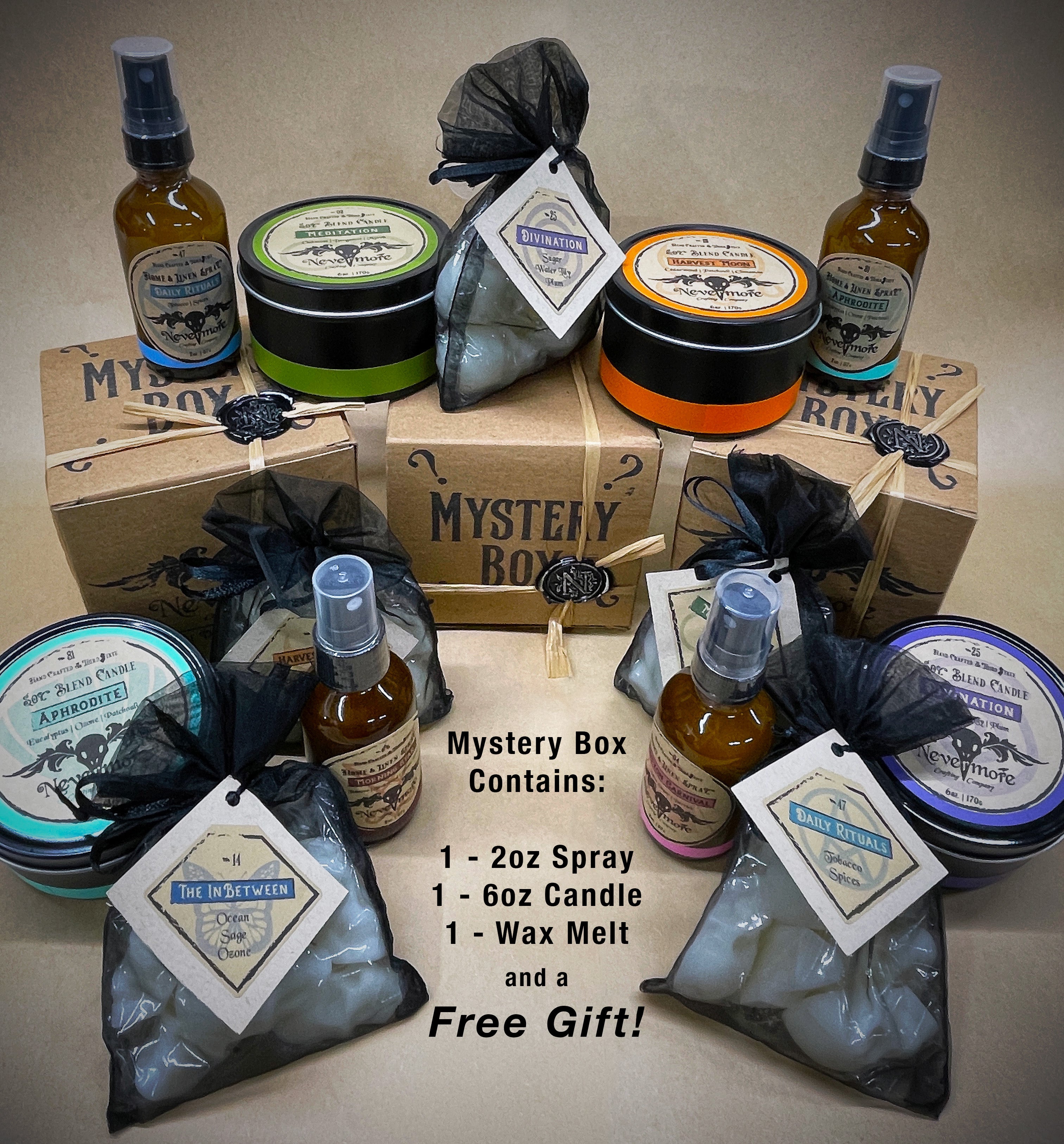 Nevermore Curated Mystery Bundle - 6oz Candle, 2oz Room Spray, Skull Head Wax Melt